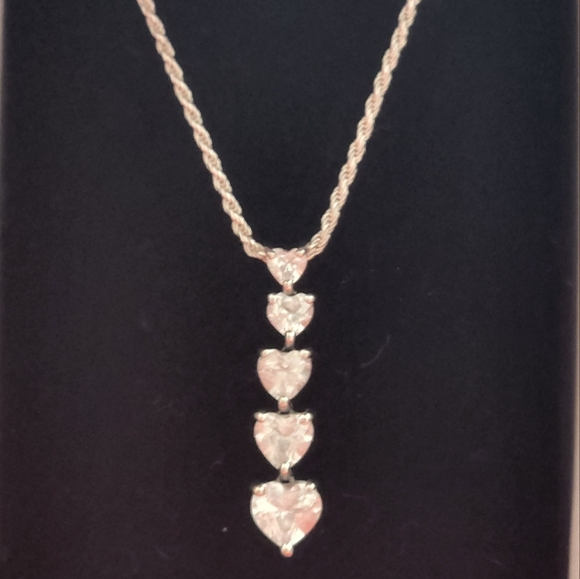 10k Solid Gold Necklace 5 Heart Shaped Genuine White Sapphires